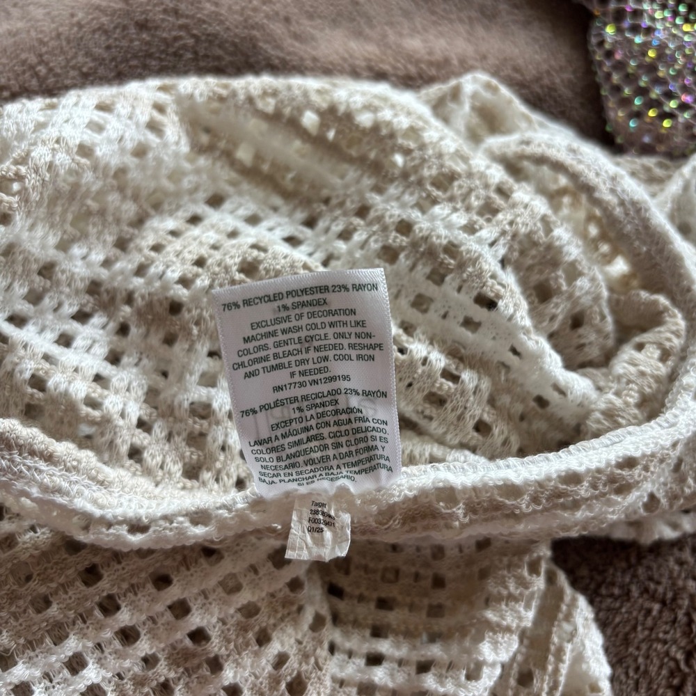 Wild Fable Crochet Halter Mini Dress Cream Tan Striped Beach Cover Up Medium - Picture 8 of 8